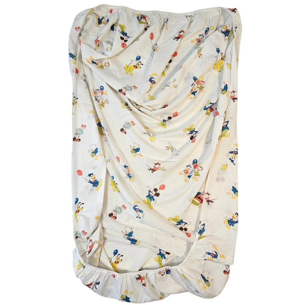 Vintage Disney Mickey Mouse Donald Duck Pluto Fit Crib Sheet White Multi Color